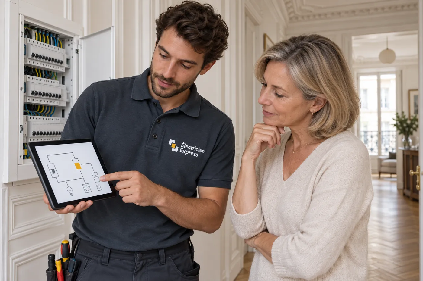 Électricien expliquant sur une tablette l'origine d'une coupure de courant à une habitante