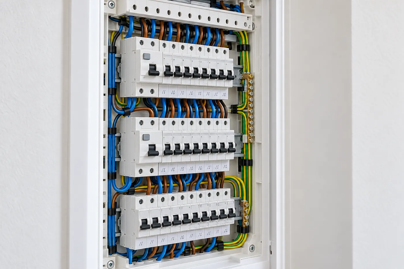 Tableau électrique neuf aux circuits repérés, disjoncteurs et différentiels alignés