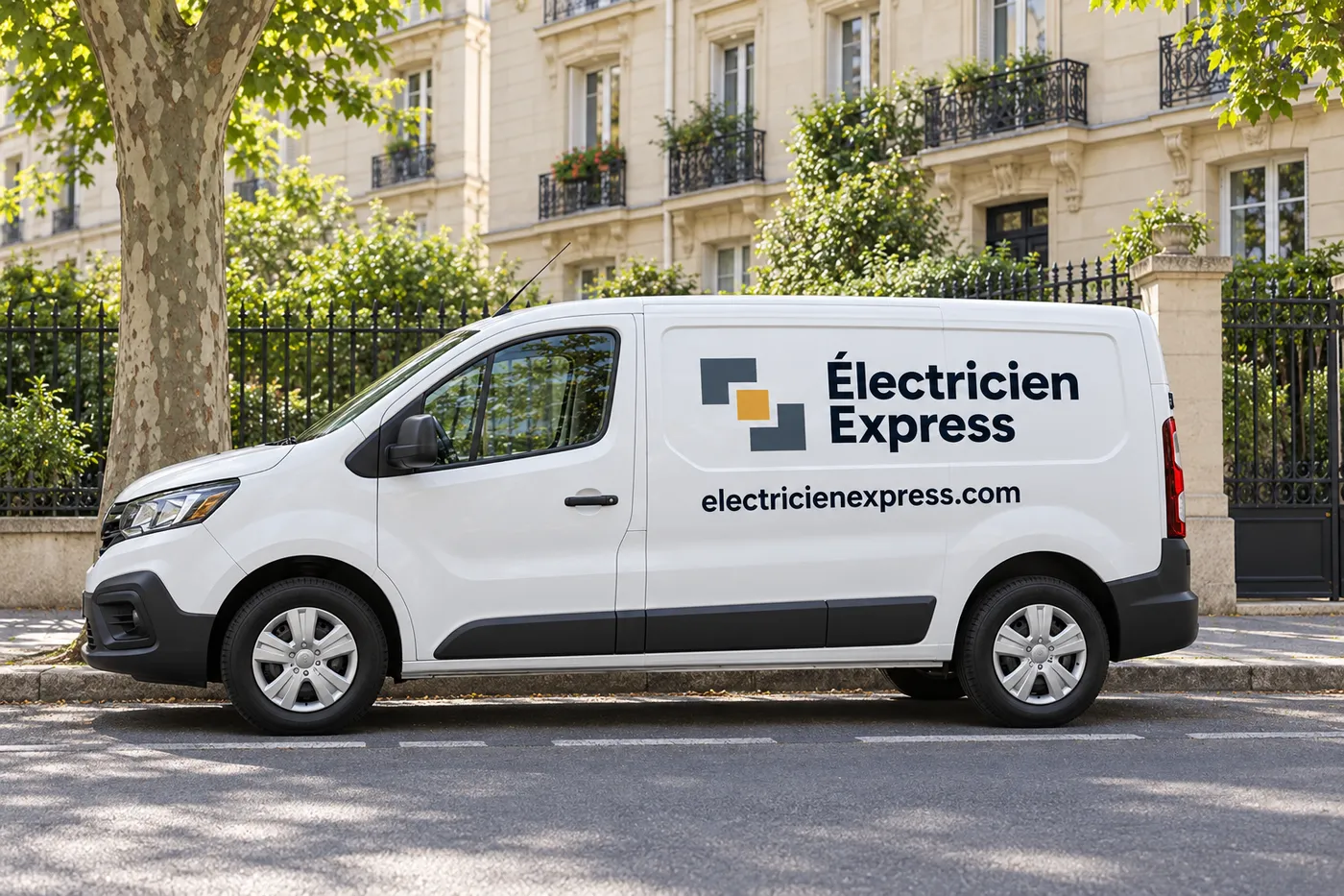 Utilitaire blanc aux couleurs d'Électricien Express garé dans une rue résidentielle d'Île-de-France